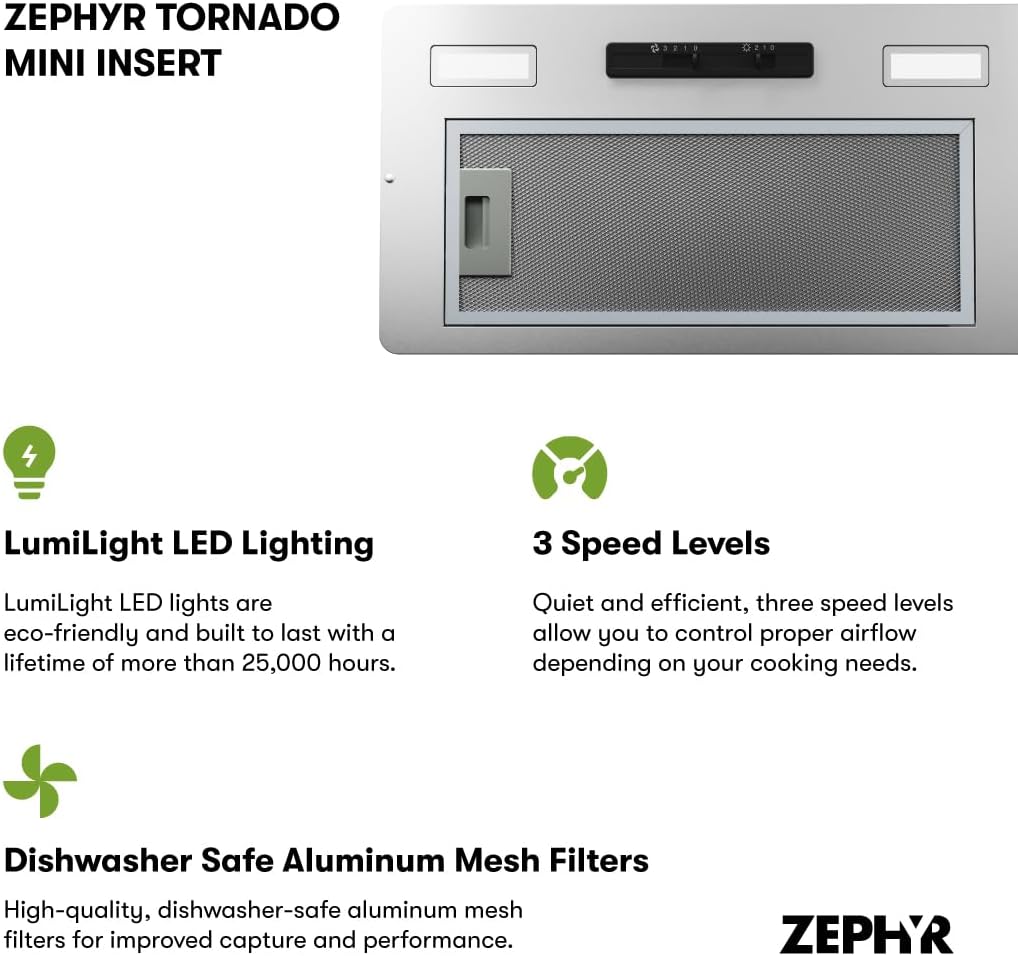Zephyr 21 Inch Buit in Insert Range Hood 400 CFM Powerful 3-Speed Vent Hood