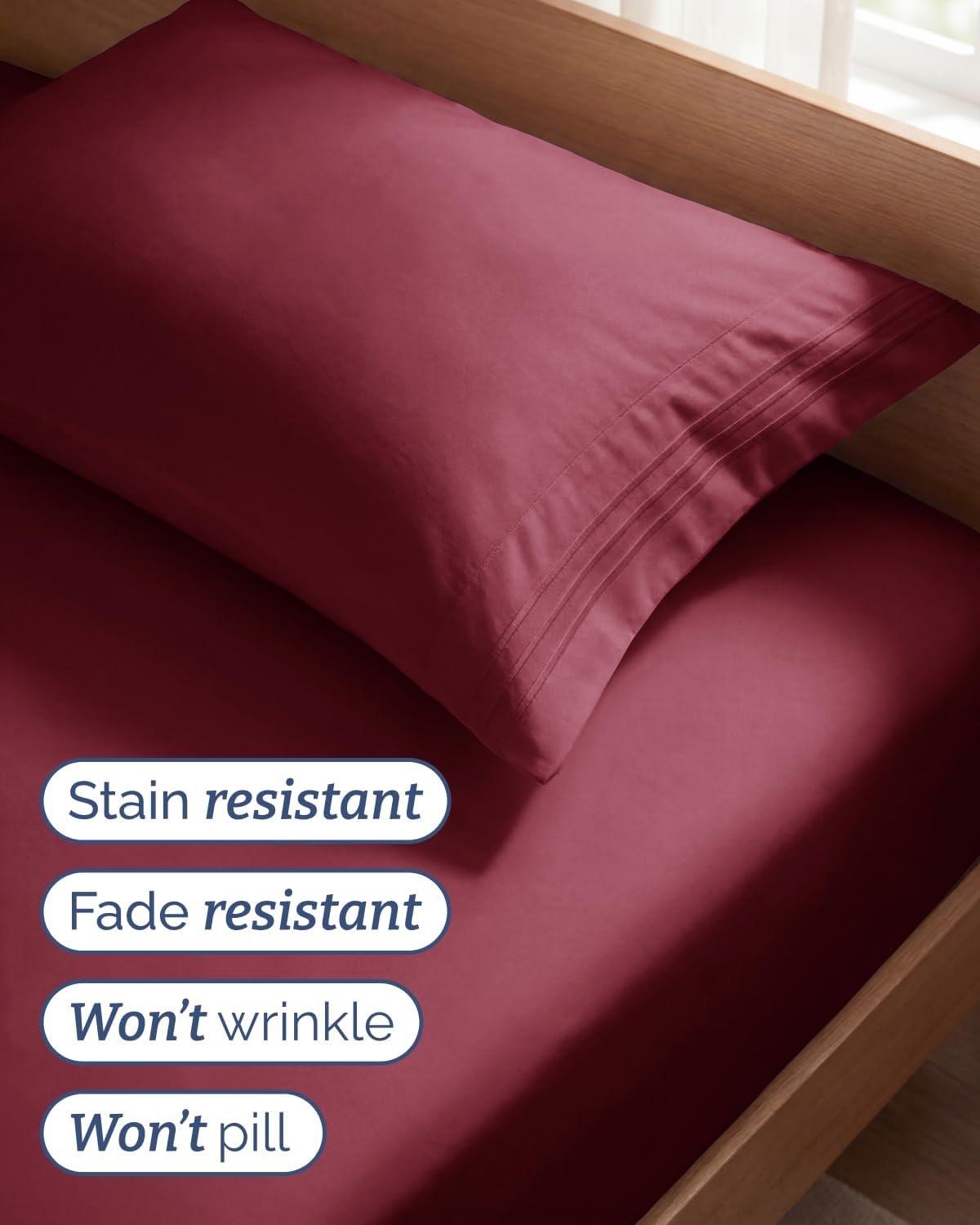 Twin Size 3 Piece Sheet Set - Comfy Breathable & Cooling Sheets - Burgundy