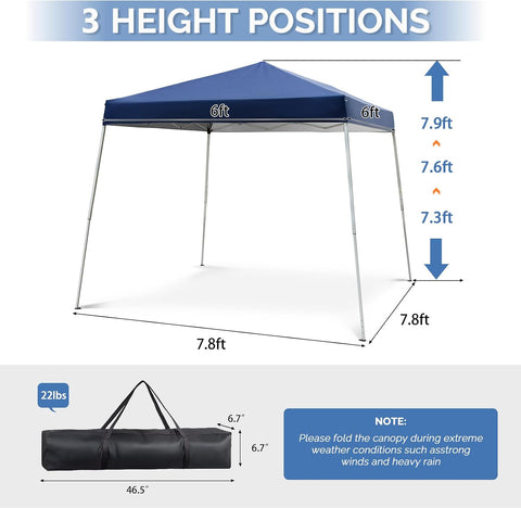 VINGLI 8x8 ft Pop Up Canopy Tent, Outdoor Foldable Portable Canopy for Camping, Patio, Easy Up Gazebo with Carry Bag Slant Legs