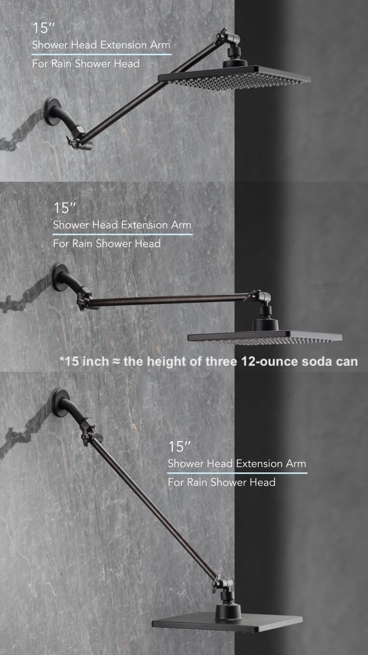 15 Inch Extra Long Adjustable Shower Head Extension Arm With Locking Set Screw, Singing Rain 304 Stainless Steel Angle Height Adjustable, G1/2 Universal Connector Compatible (Oil Rubber Bronze)