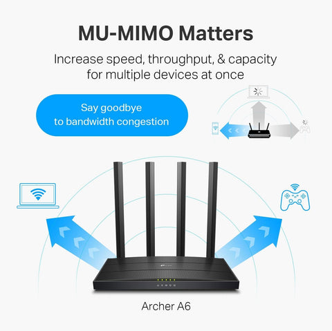 TP-Link AC1200 Gigabit WiFi Router (Archer A6) - Dual Band MU-MIMO Wireless Internet Router, 4 x Antennas, OneMesh and AP mode, Long Range Coverage