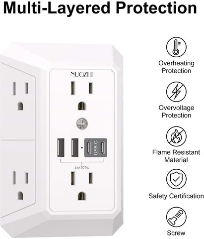 Outlet Extender Surge Protector - NUOZHI 6 Outlet Splitter with 4 USB Ports(2 USB-C), Multi Plug Wall Outlet 1680J Power Strip for Home Office Dorm Room Essentials, ETL, White
