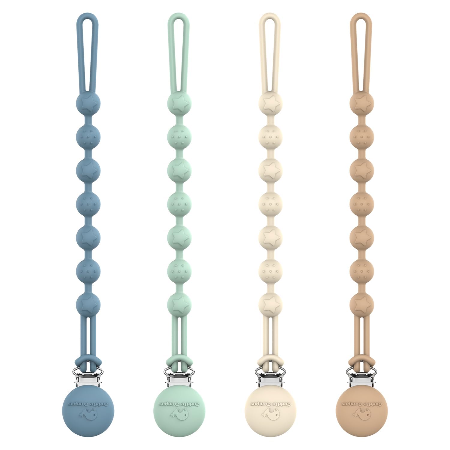 Cuddle Campus Silicone Pacifier Clip Holder with One Piece Design,Soft Flexible Binky Clips with Texture for Baby Boy and Girl Pack of 4 (6m+)