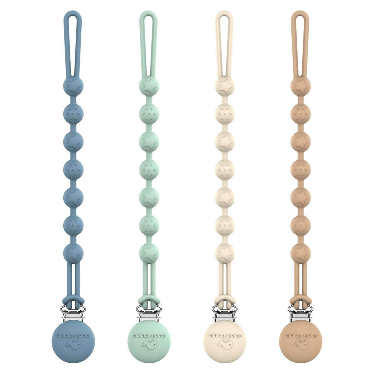 Cuddle Campus Silicone Pacifier Clip Holder with One Piece Design,Soft Flexible Binky Clips with Texture for Baby Boy and Girl Pack of 4 (6m+)