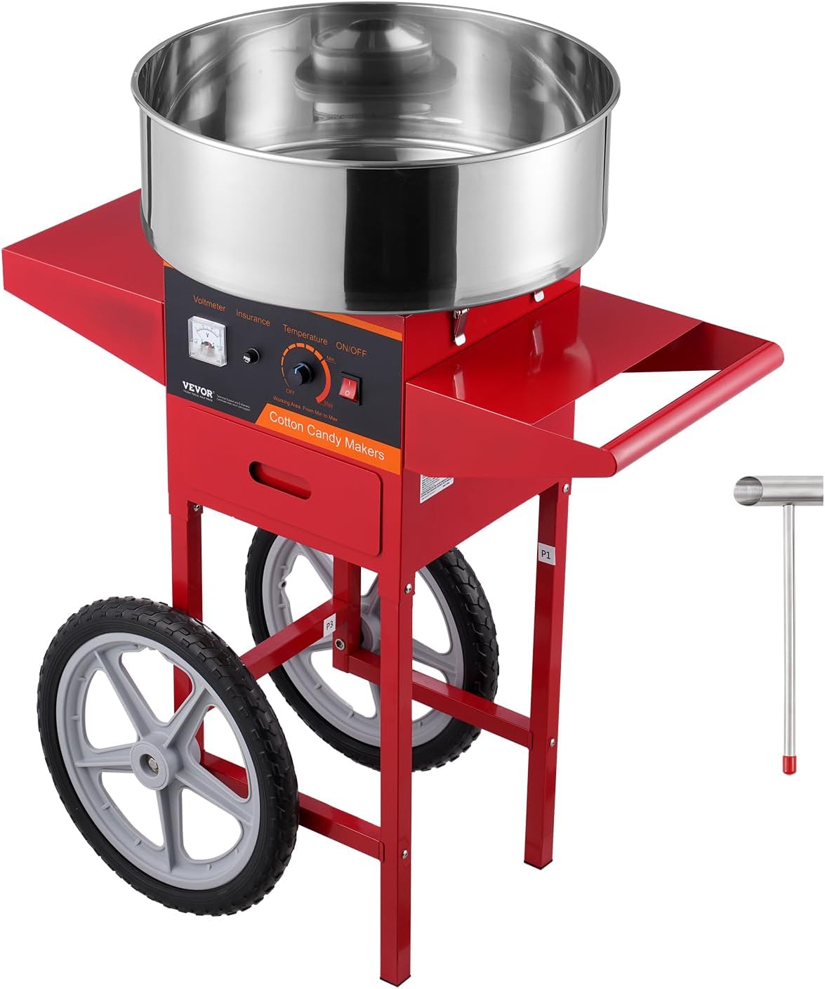 VEVOR Electric Cotton Candy Machine Cart, 1000W Commercial Floss Maker w/Stainless Steel Bowl, Sugar Scoop and Drawer, Perfect for Home, Carnival, Kids Birthday, Family Party, Red