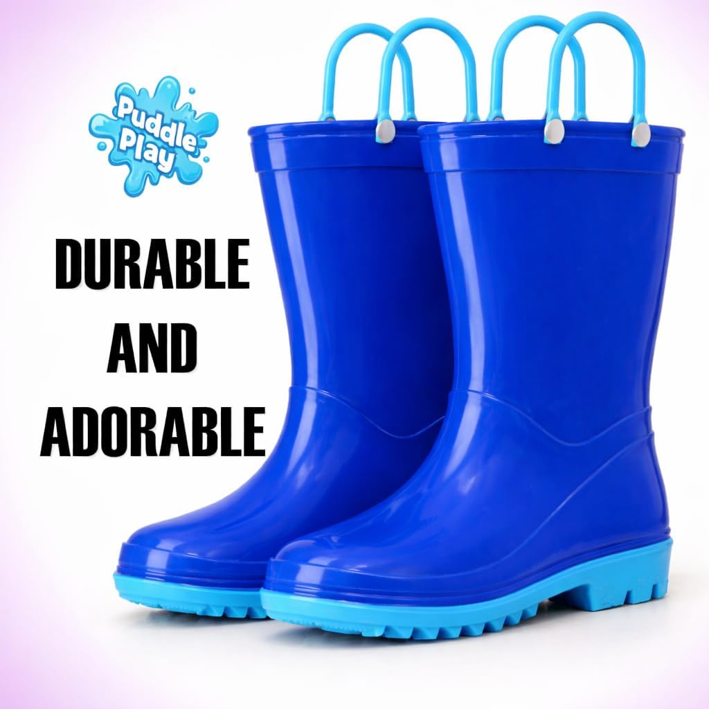 Puddle Play Toddler and Kids Waterproof PVC Rain Boots with Easy-On Handles – Lightweight Slip-Resistant Outdoor Boots for Boys and Girls