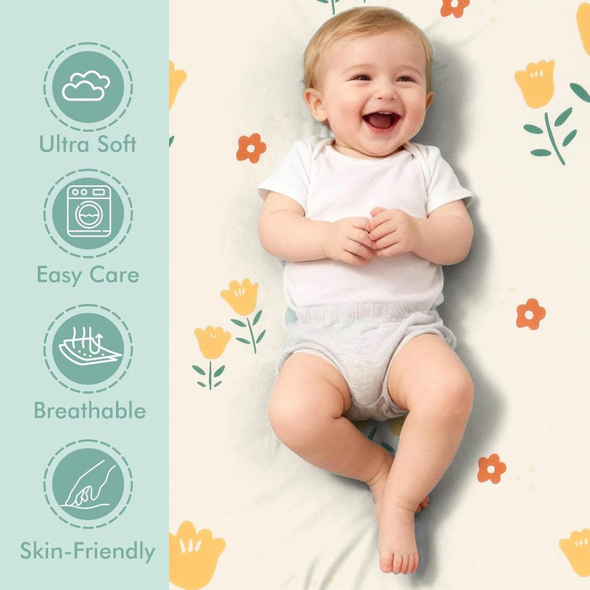 3 Pack Stretchy Bassinet Sheets 20" x 33" Compatible with Baby Delight, Angelbliss, Maxi-COSI & Most Regular Size Bedside Sleeper- Soft Breathable Fitted Bassinet Sheets for Baby - Yellow & Flower