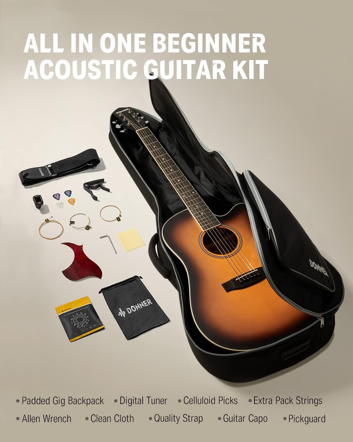 Donner Acoustic Guitar for Beginner Adult Full Size Cutaway Acustica Guitarra Bundle Kit with Free Online Lesson Bag Strap Tuner Capo Pickguard String Pick, Right Hand 41”Sunburst, DAG-1CS/DAD-160CS