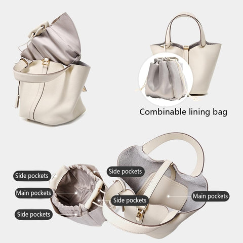 Genuine Leather Bucket Bag, Top-Handle Satchel Handbag with Lock