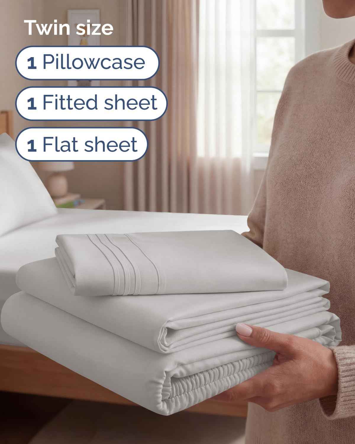 Twin Size 3 Piece Sheet Set - Breathable & Cooling Sheets - French Grey