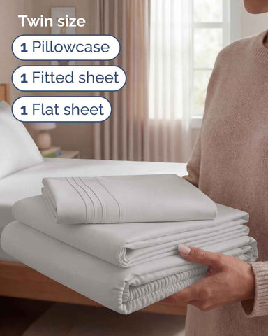 Twin Size 3 Piece Sheet Set - Breathable & Cooling Sheets - French Grey