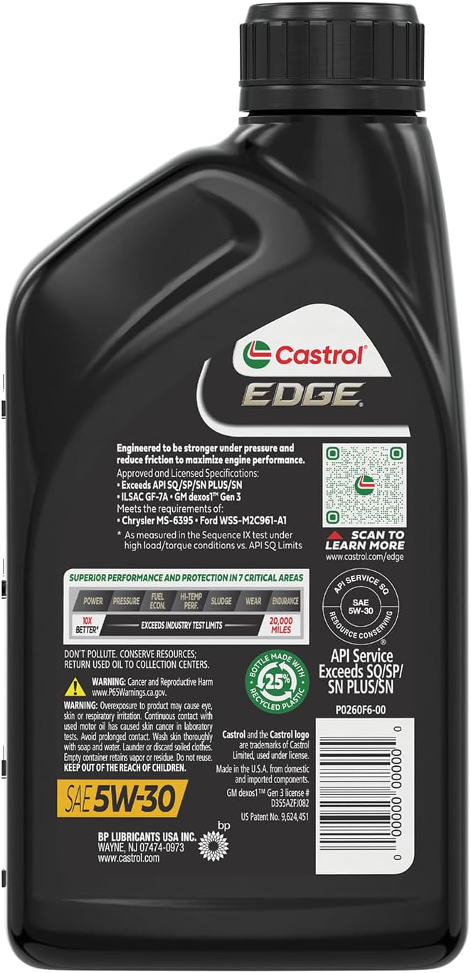 Castrol EDGE 5W-30 Advanced Full Synthetic Motor Oil, 1 Quart, Pack of 6