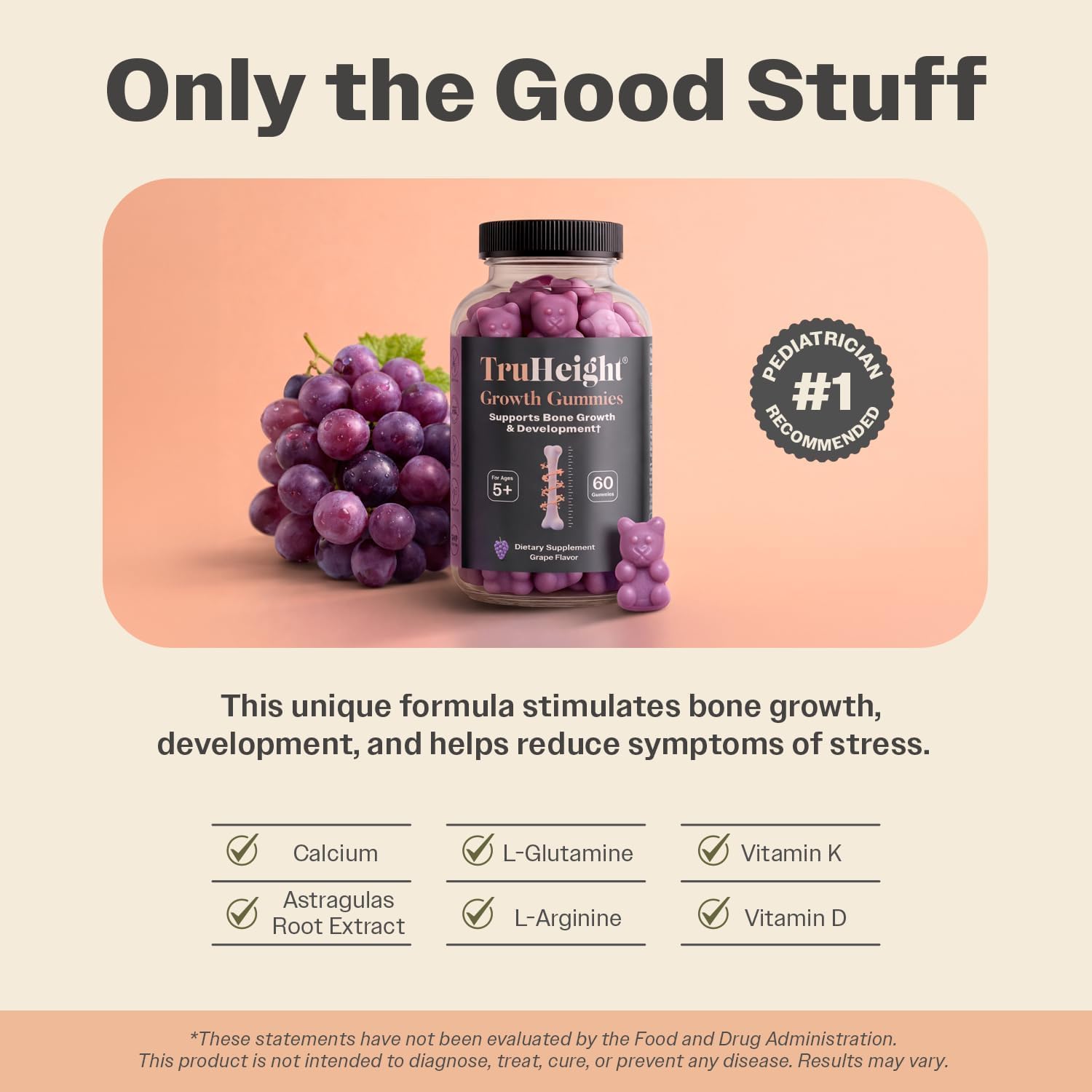 TruHeight Growth Gummies (Grape) Tall Nutrition for Natural Growth Supplement for Kids & Teens - Vitamin D, K, Calcium & Ashwagandha, Bone Strength Vitamins D3 K2, Picky Eater, Taller Ages 5+