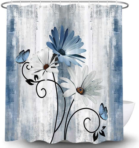 Rustic Farmhouse Shower Curtain, Farm Blue Daisy Floral Flowers and Butterfly on Country Wooden Shower Curtain for Bathroom, Turquoise Blue Bathroom Shower Curtains with 12PCS Hooks, 70X84IN