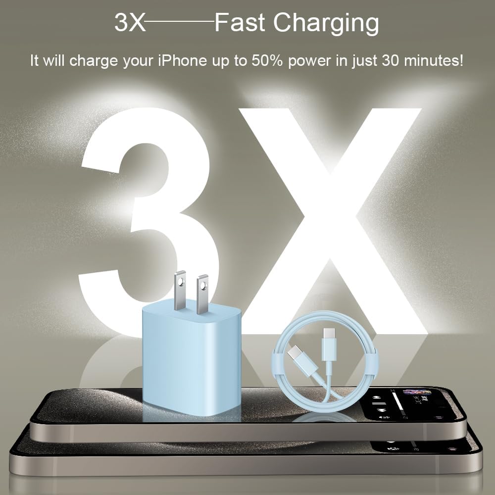 iPhone 17 16 15 Charger Fast Charging 2+2Pack 20W USB C Wall Charger with 6FT Fast Charging Cable Compatible with iPhone 17/17 Air/17 Pro/17 Pro Max/iPhone 16/15 Series, iPad Pro/AirPods - Blue