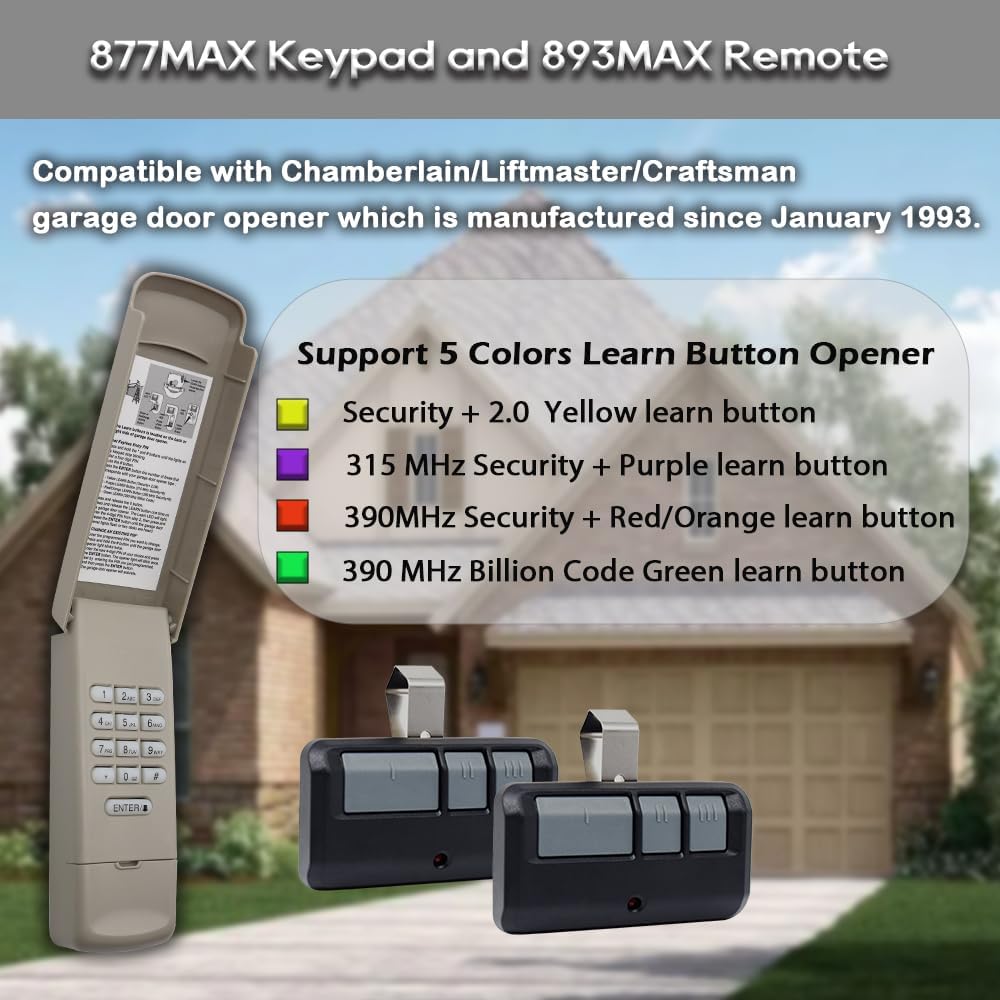 Universal Garage Door Opener Keypads & Remotes for Liftmaster Chamberlain Craftsman Openers Produced Since 1993, Replaces 877/878MAX 893MAX 893LM 373LM 971LM 877LM G940EV-P2 CMXZDCG440