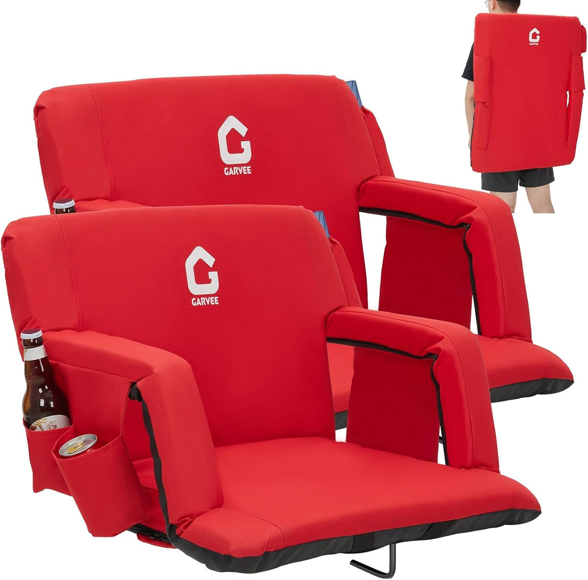Garvee Stadium Seats with Back Support and Padded Cushion - Extra Wide Bleacher Chair with Anti-Slip Mat - Reclining Stadium Football Seats - 6 Adjustable Angle, Large Pockets, Cup Holders