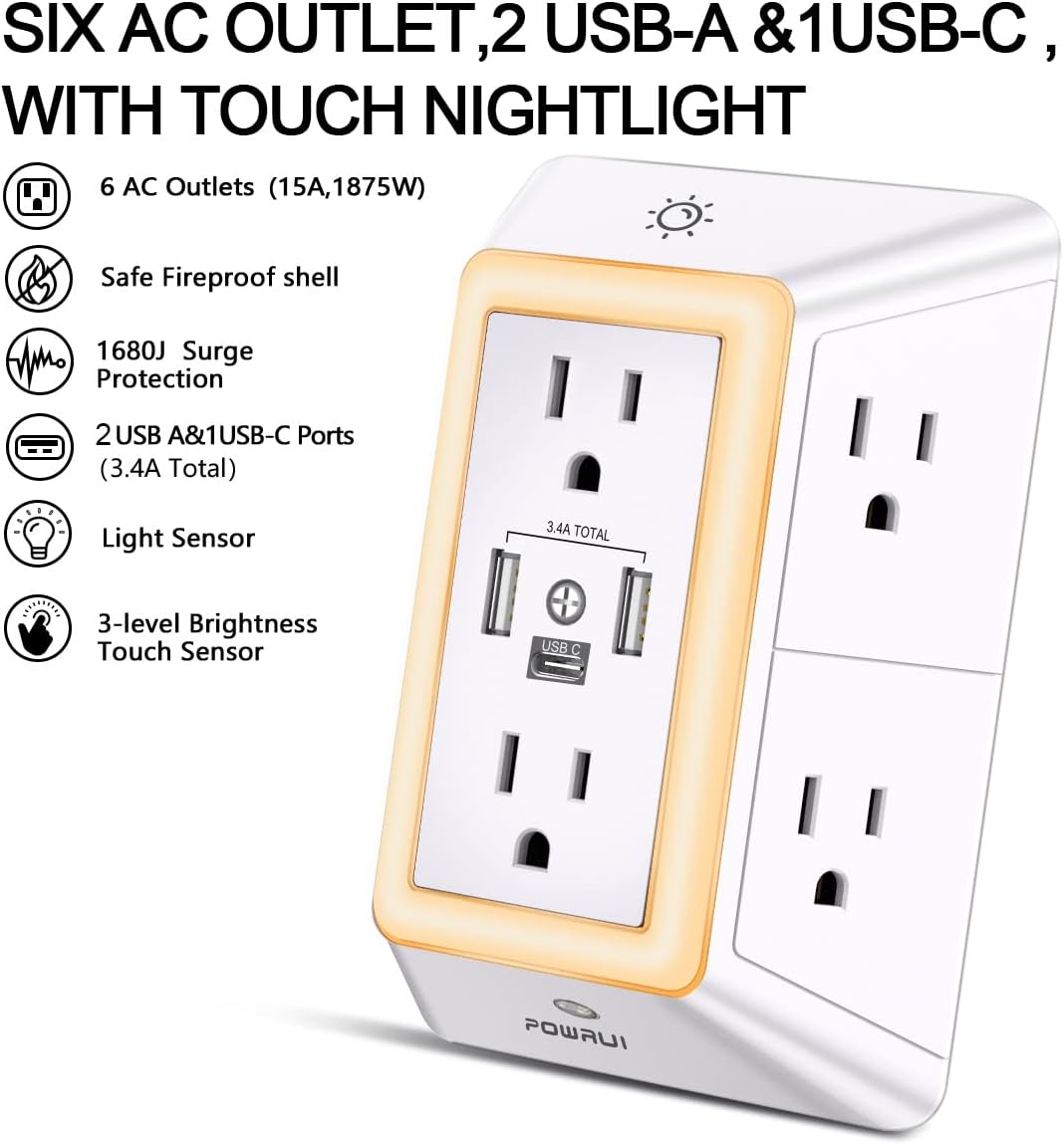 Multi Plug Wall Outlet Night Light, POWRUI 6 Outlet Extender & 3 USB Ports