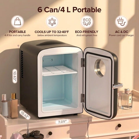 Kismile 4L Mini Fridge 6 Can Clear Glass View Beverage Cooler, Glossy Black