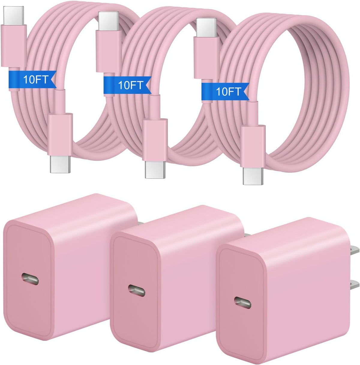 iPhone 17 16 15 Charger Fast Charging 3+3Pack 20W USB C Wall Charger with Extra Long 10FT Fast Charging Cable Compatible with iPhone 17/17 Air/17 Pro/17 Pro Max/iPhone 16/15 Series, iPad Pro-Pink