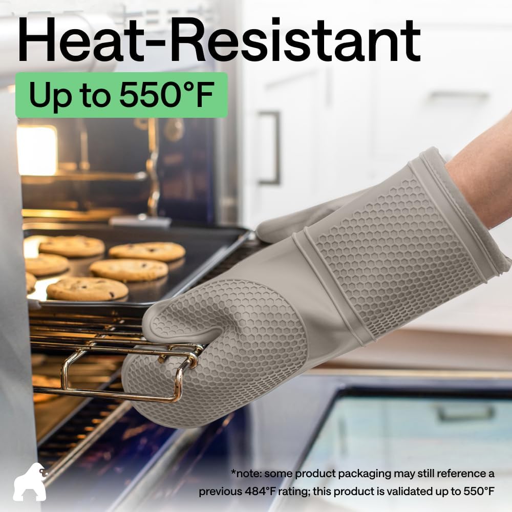 GORILLA GRIP Silicone Oven Mitts, 550F Heat Resistant, 12.5x8.3, Almond