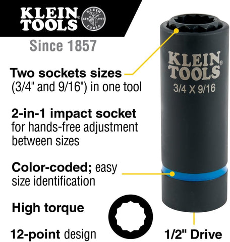 Klein Tools 66001 2-in-1 Impact Socket, Sizes 3/4-Inch and 9/16-Inch Hex, 12-Point Deep Socket Wrench with 1/2-Inch Drive