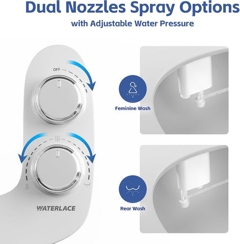 WATERLACE Ultra-Slim Bidet Attachment for Toilet - Dual Nozzle, Rear & Feminine Wash, Self-Cleaning, Adjustable Cold Water Pressure, Non-Electric Bidet Toilet Seat for Bathroom, Easy Install (Chrome)