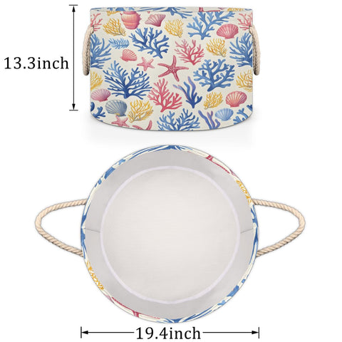 Ioracida Beach Theme Round Storage Basket, Blanket Basket for Living Room, 19.4" x 13.3" Starfish Seashell Coral Coastal Baskets for Home Toy Closet Towels Pillows Clothes, Laundry Basket with Handles
