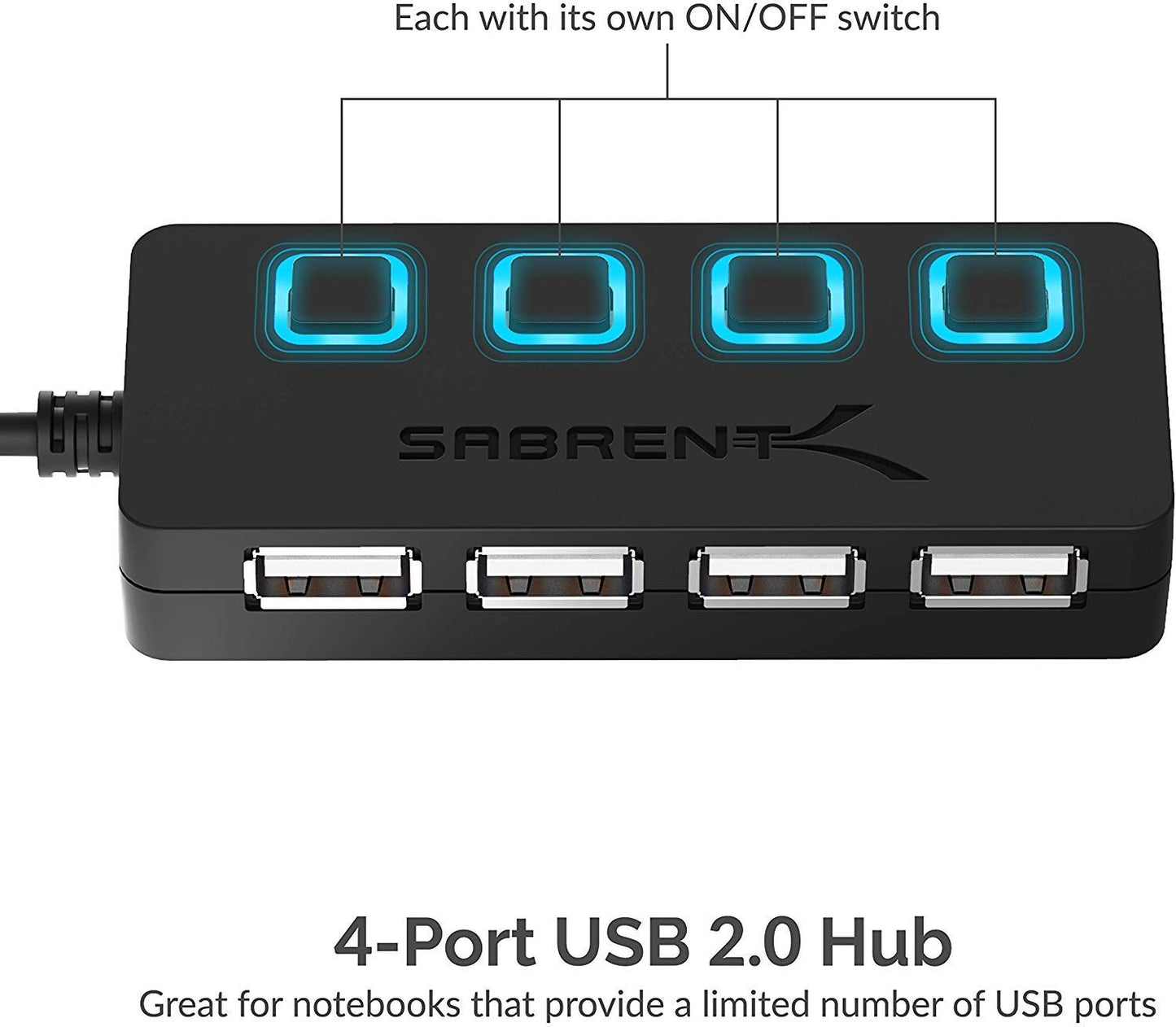 SABRENT 4 Port USB 2.0 Data Hub with Individual LED lit Power Switches [Charging NOT Supported] for Mac & PC (HB-UMLS)