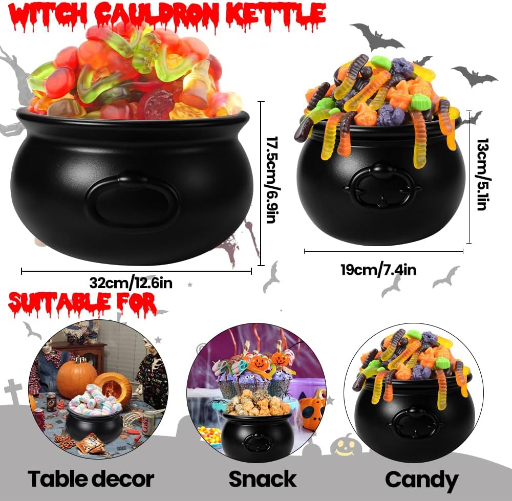 DIYDEC 12.6" and 7.4" Package Halloween Large Cauldron, 2pcs Black Plastic Witch Cauldron Kettle Halloween Pot Candy Holder for Halloween & St. Patrick’s Day Party Favors Decor