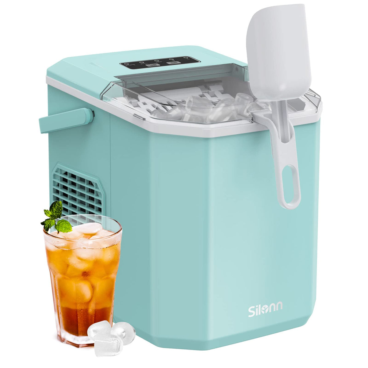 Silonn Ice Maker Countertop, Portable Ice Machine with Carry Handle, Self-Cleaning Ice Makers with Basket and Scoop, 9 Cubes in 6 Mins, 26 lbs per Day, Ideal for Home, Kitchen, Camping, RV