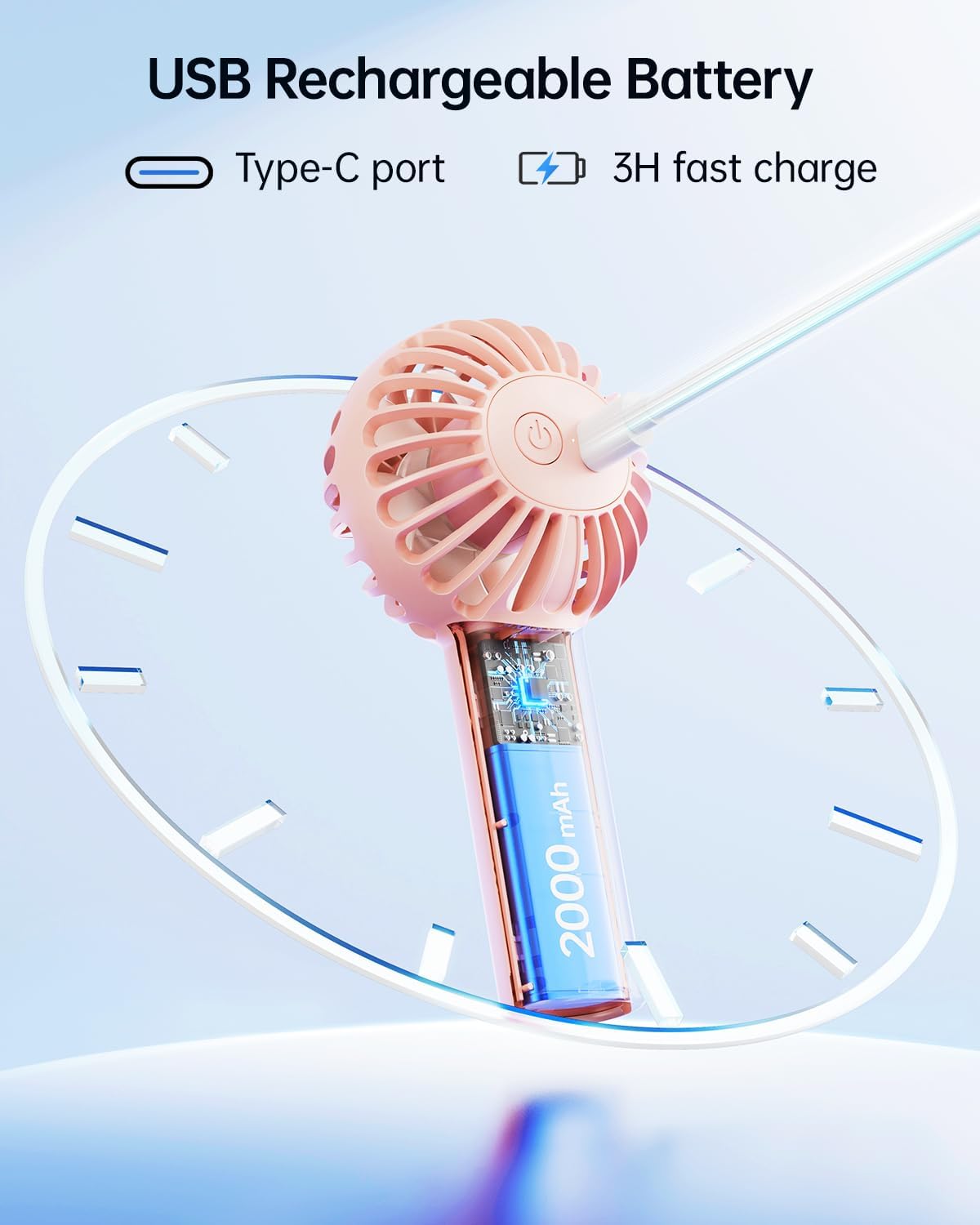 SWEETFULL Mini Portable Fan - Rechargeable Handheld Fan, 3 Speeds Personal Small Hand Gifts for Travel Essentials, Lash, Makeup, Eyelash, Kids, Girls, Women - USB, Cute Design Pink