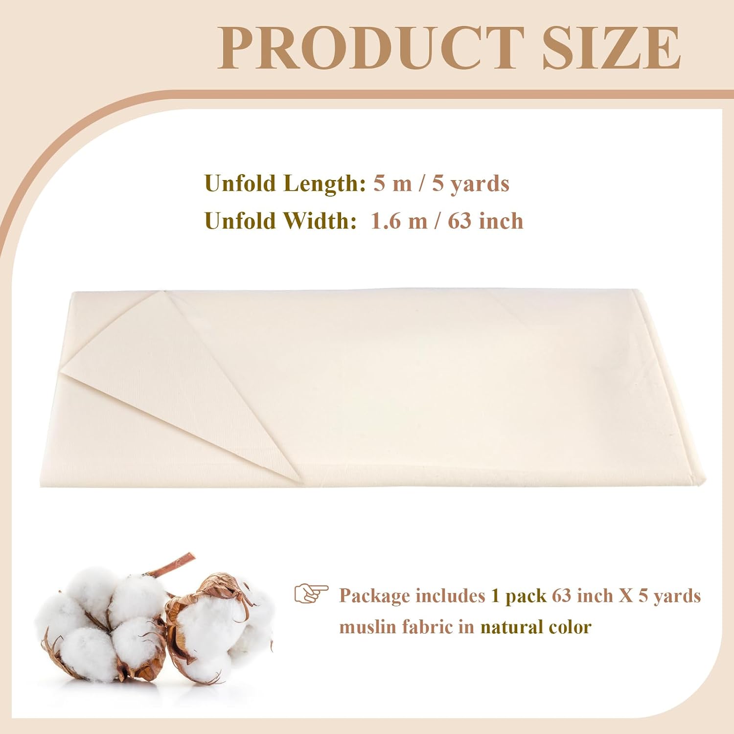 100% Cotton Muslin Fabric, 63 Inch X 5 Yards Unbleached Fabric by The Yard