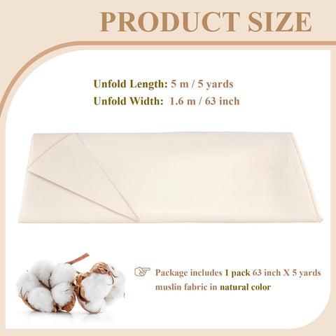 100% Cotton Muslin Fabric, 63 Inch X 5 Yards Unbleached Fabric by The Yard