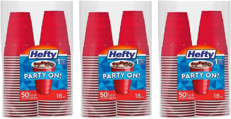 Hefty Easy Grip Disposable Plastic Cold Cups, Red, 18 Ounce (50 Count (Pack of 3)) | 18 Oz Red Cups for Parties, Tailgates, Birthdays, Holidays, and More, Contoured Shape for Easy Gripping, Strong and Durable
