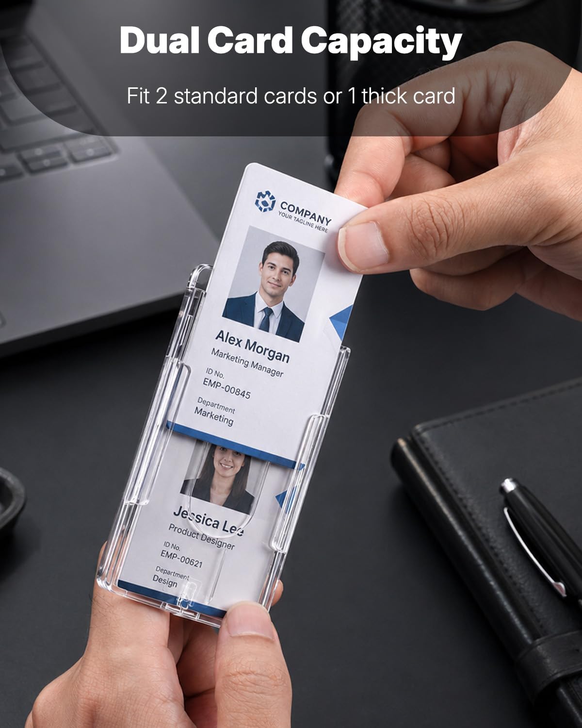 Pawfly 50 Pack Vertical 2-Card Badge Holder with Thumb Slot Hard Transparent PC Case Protector for Office School IDs Credit Cards Driver’s Licenses and Passes