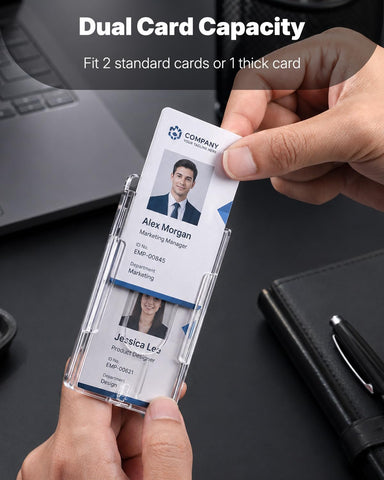 Pawfly 50 Pack Vertical 2-Card Badge Holder with Thumb Slot Hard Transparent PC Case Protector for Office School IDs Credit Cards Driver’s Licenses and Passes