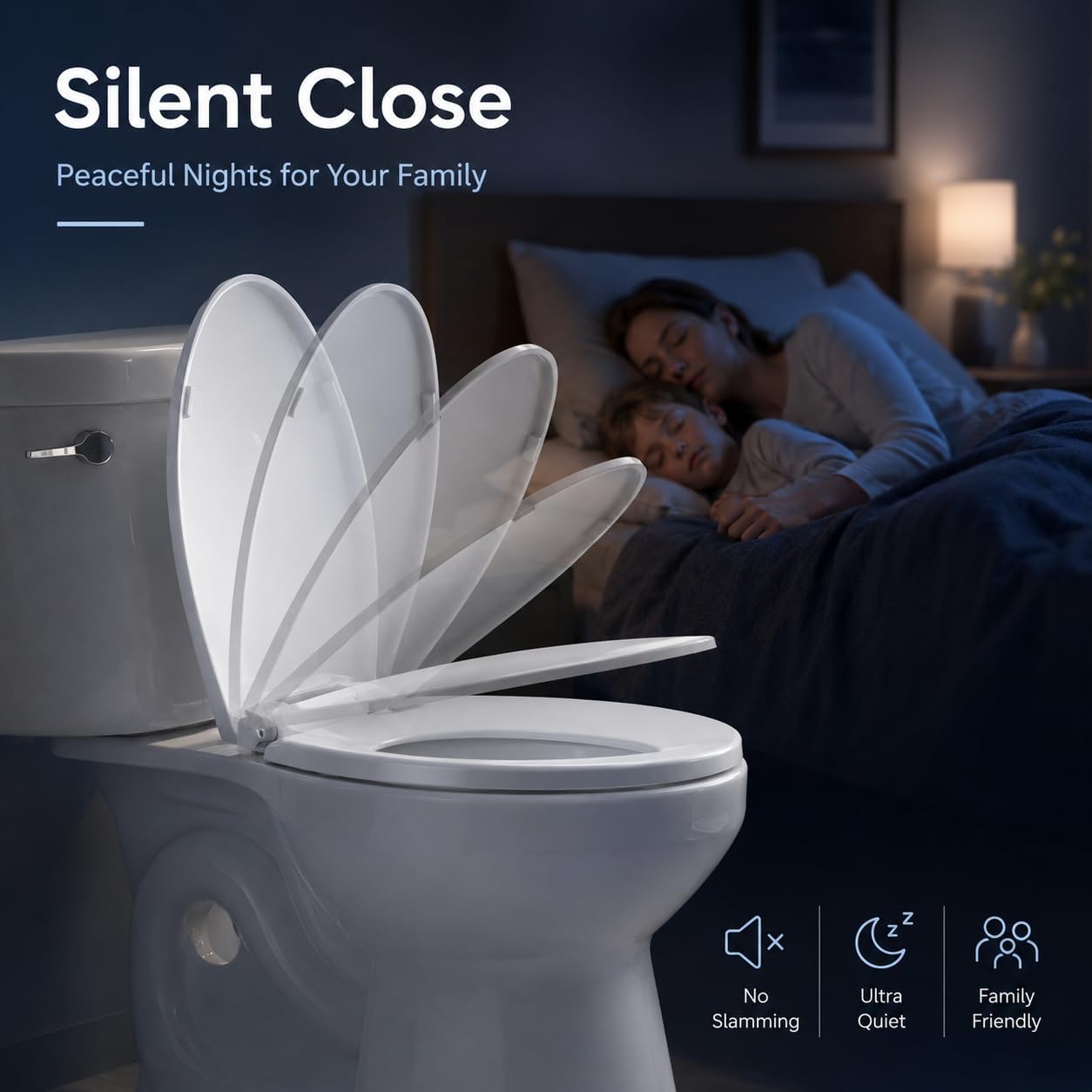 Round Toilet Seat, Slow Close, White Plastic, Never Loosen, 16.5”