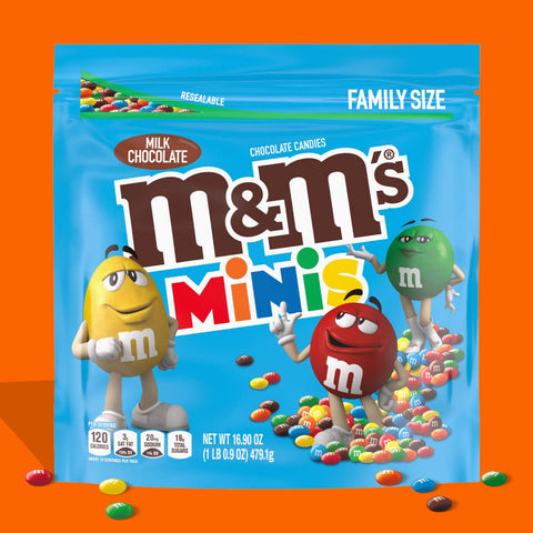M&M'S MINIS Milk Chocolate Summer Candy Bulk Summer Snacks, Family Size, 16.9 Oz Resealable Bag (Pack of 2)