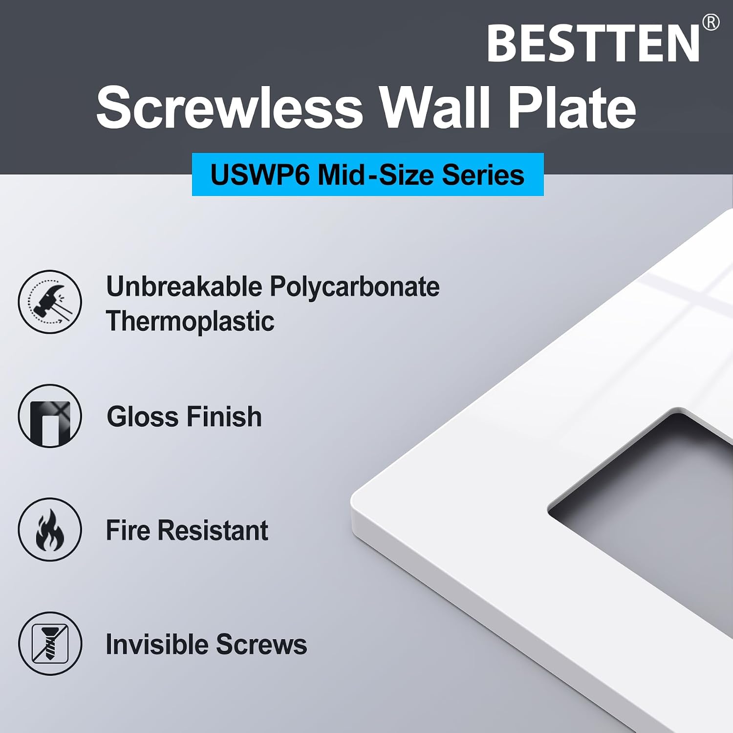 [4 Pack] BESTTEN 2 Gang Screwless Decorator Wall Plate, Mid-Size H4.88" x W4.93", USWP6 Gloss Snow White, Faceplate Cover for Decorative Receptacle Outlet & Switch