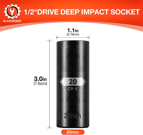 1/2 Inch Drive 6-Point Deep Socket, 20mm Deep Impact Socket, CR-V Steel