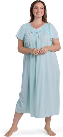 Miss Elaine Women's Long Tricot Nightgown, Short Flutter Sleeves, Comfortable Lightweight Fabric, Sleepwear