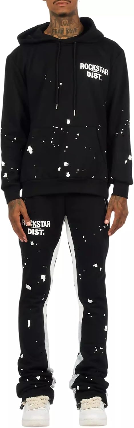 ROCKSTAR ORIGINAL Men's Raffer Black/White Hoodie/Super Stacked Flare Pant Set