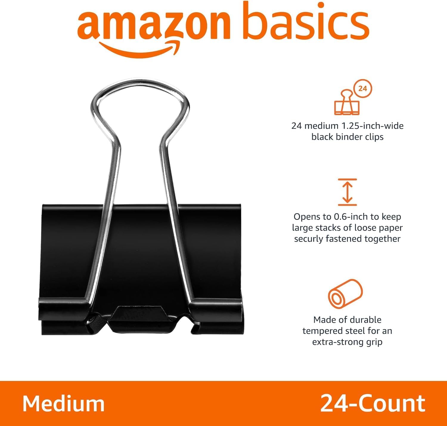 Amazon Basics Sturdy Binder Clips, Office Supplies, Medium 1.25 inches, Document Organizing, Sturdy Steel, Black, 24 Count (2 Pack of 12)