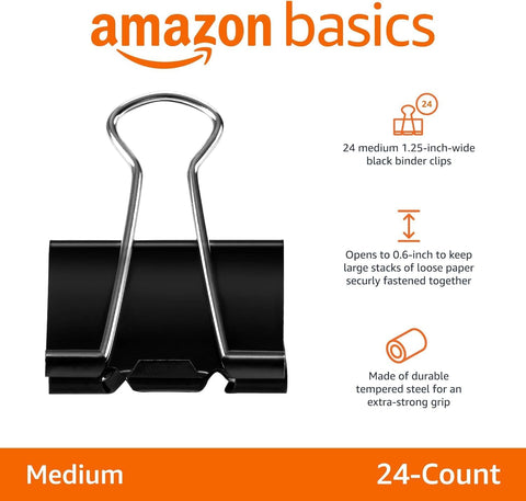 Amazon Basics Sturdy Binder Clips, Office Supplies, Medium 1.25 inches, Document Organizing, Sturdy Steel, Black, 24 Count (2 Pack of 12)