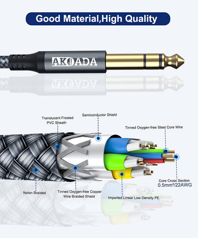 AkoaDa 1/4 Inch TRS Instrument Cable (20 ft 2Pack), Right Angle 6.35mm Male Jack Stereo Audio Interconnect Cord,Compatible for Bass,Keyboard,Mixer,Amplifier,Amp,ect