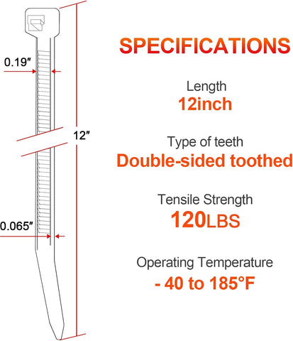 12 Inch White Zip Ties Double Sided Toothed,120 LBS Tensile Strength Heavy Duty Cable Wire Ties With Self-Locking Adjustable More Durable Nylon Tie Wraps for Indoor Outdoor（100 Pack）