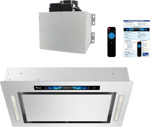 36"W Flush Ceiling Mount Split Insert Range Hood with 6" Round Vent