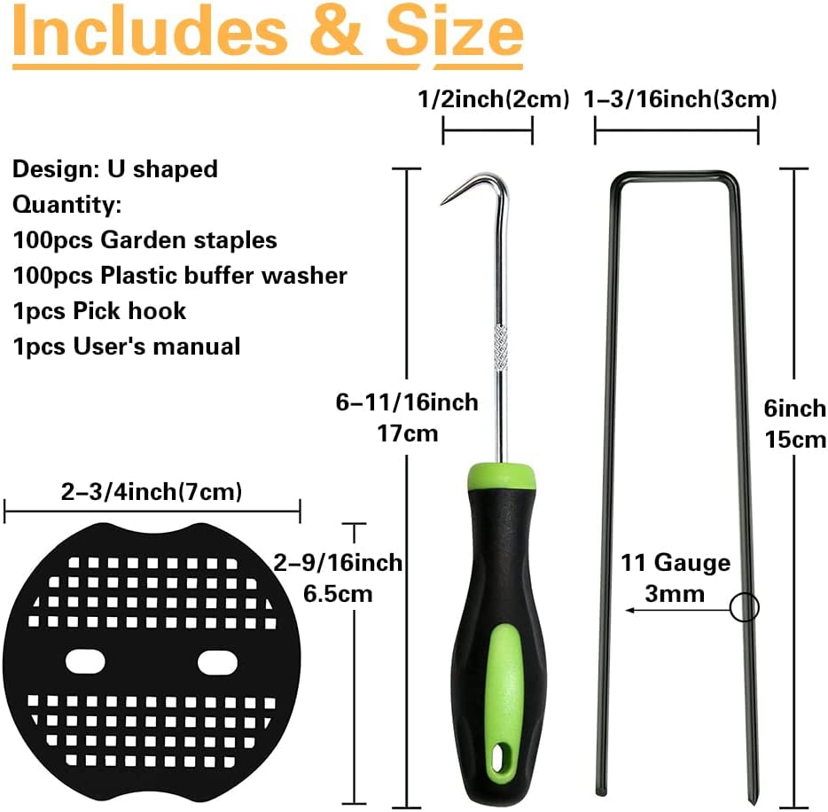 Bakulyor 100pcs Black Landscape Staples + 100pcs Buffer Washer, 6 Inch 11 Gauge Garden Stakes Staples, U Shaped Galvanized Lawn Pins Heavy Duty Yard Ground Pin for Weed Barrier Sod Fabric Decorations