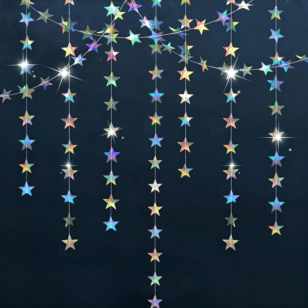 Iridescent Star Garland Party Decorations - 78 Feet Iridescent Silver Hanging Stars Decorations, Star Streamers Banner Paper Garland for Birthday Wedding Classroom Christmas
